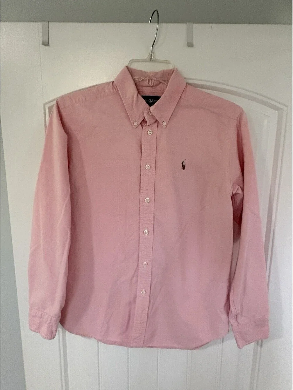 Ralph Lauren Boys Size 16 Solid Pink Logo Long Sleeve Button-Down Shirt